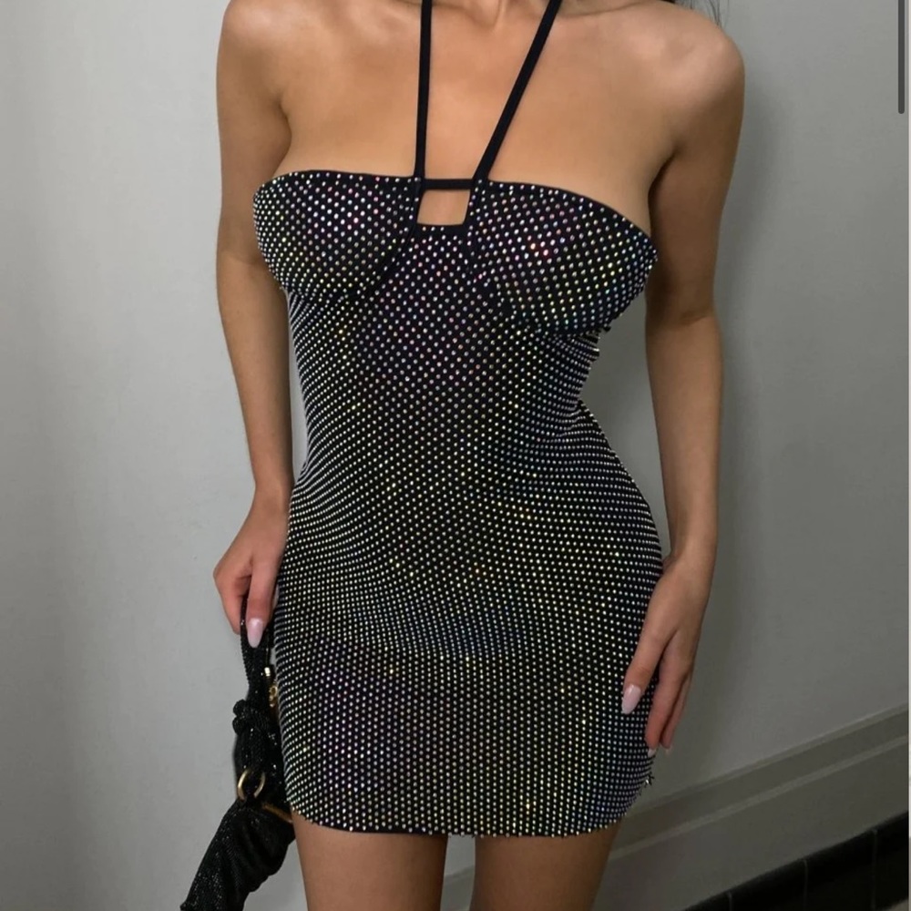 HEIRESS BEVERLY HILLS BLACK CRYSTAL EMBELLISHED HALTER JERSEY MINI DRESS